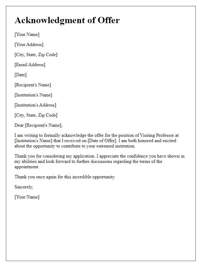 Letter template of acknowledgment for the university visiting professor offer received