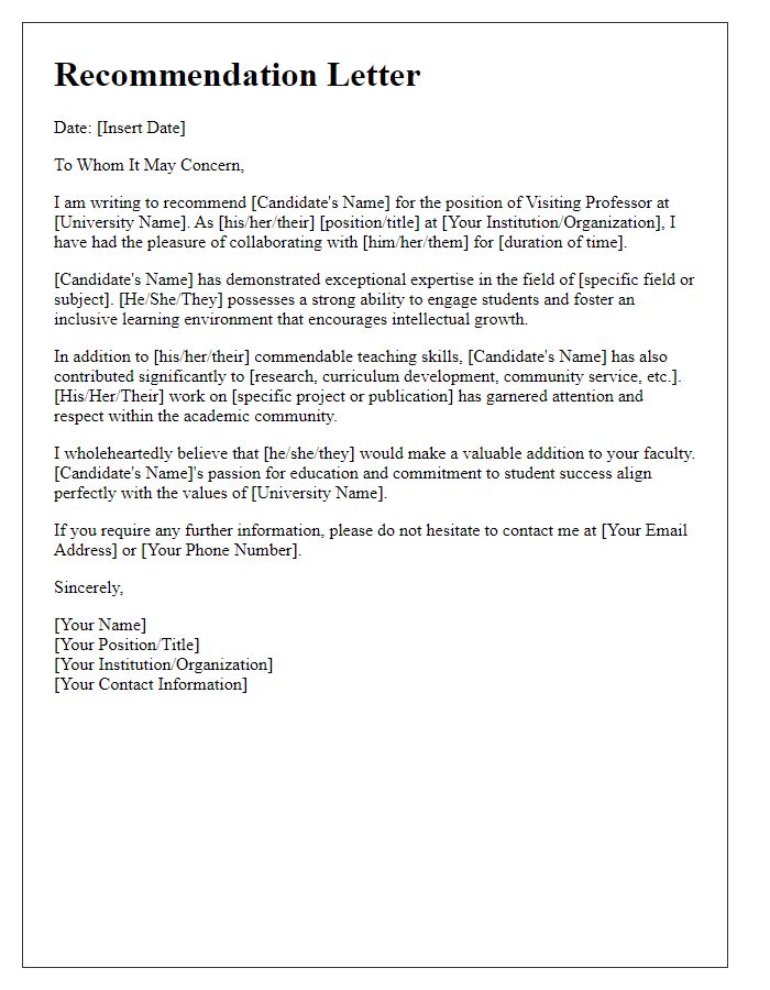 Letter template of recommendation for university visiting professor candidate