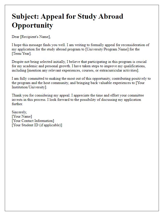 Letter template of appeal for study abroad opportunity