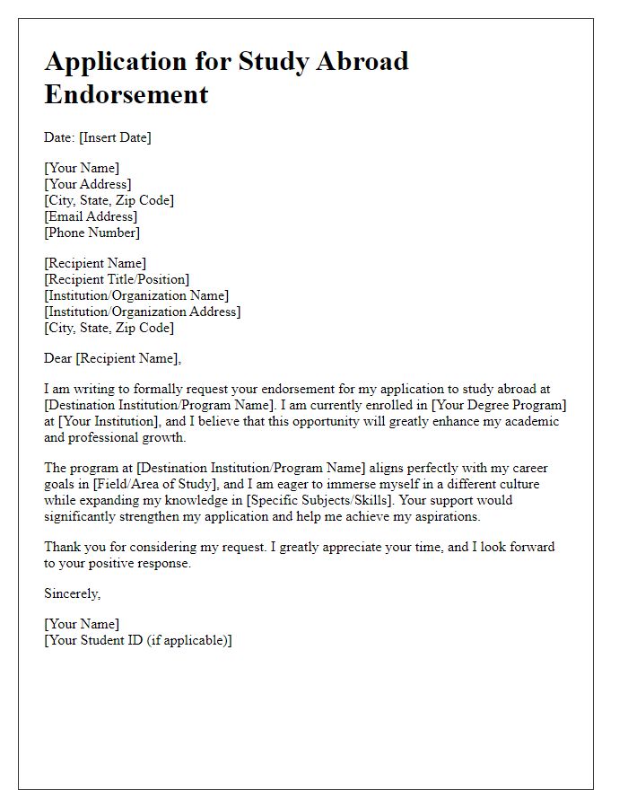 Letter template of application for study abroad endorsement