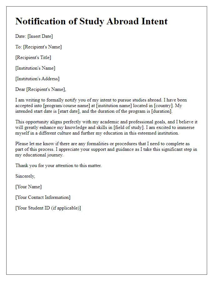 Letter template of notification for study abroad intent