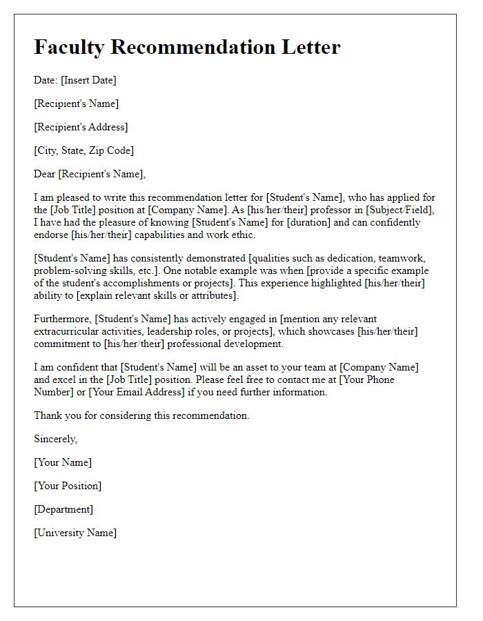 Letter template of faculty recommendation for job placement