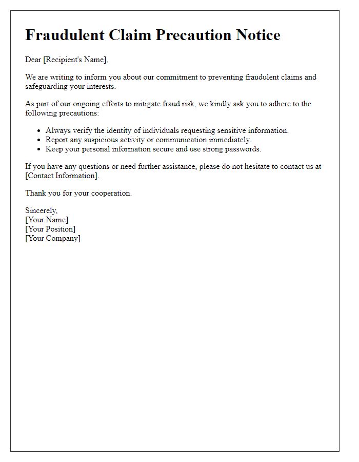 Letter template of fraudulent claim precaution