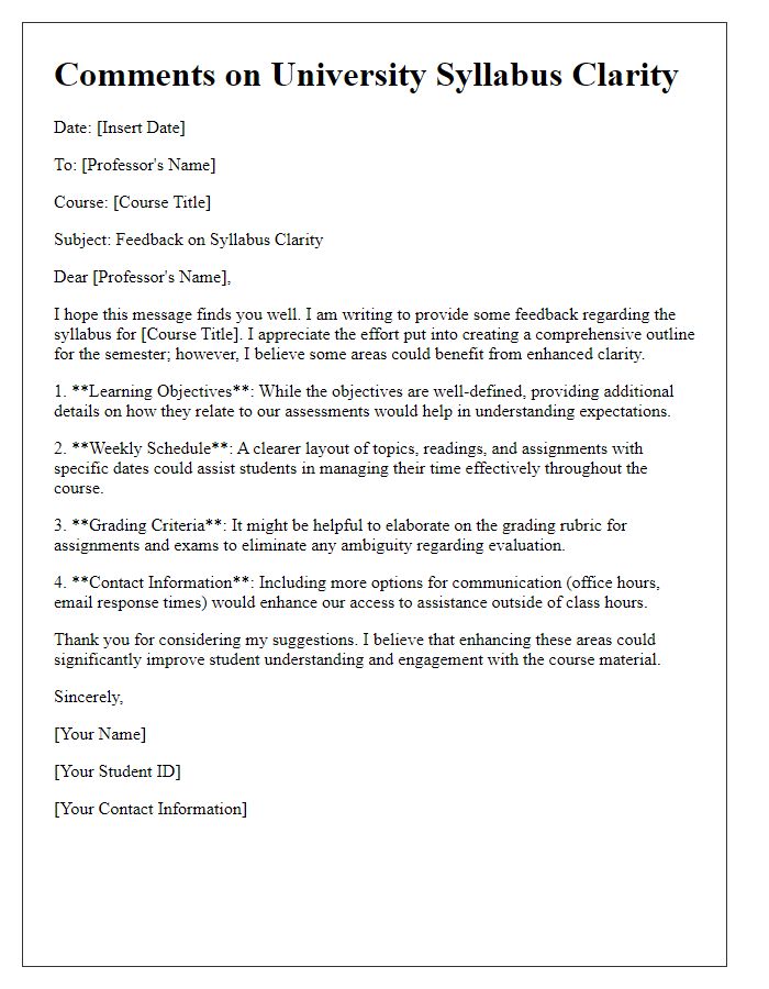 Letter template of comments on university syllabus clarity.