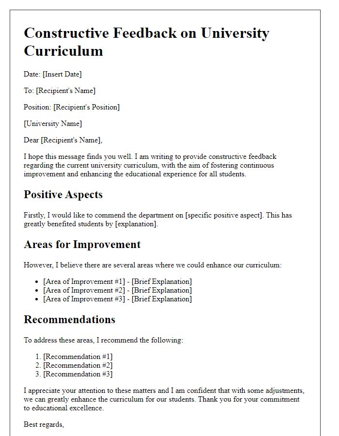 Letter template of constructive feedback for university curriculum improvement.