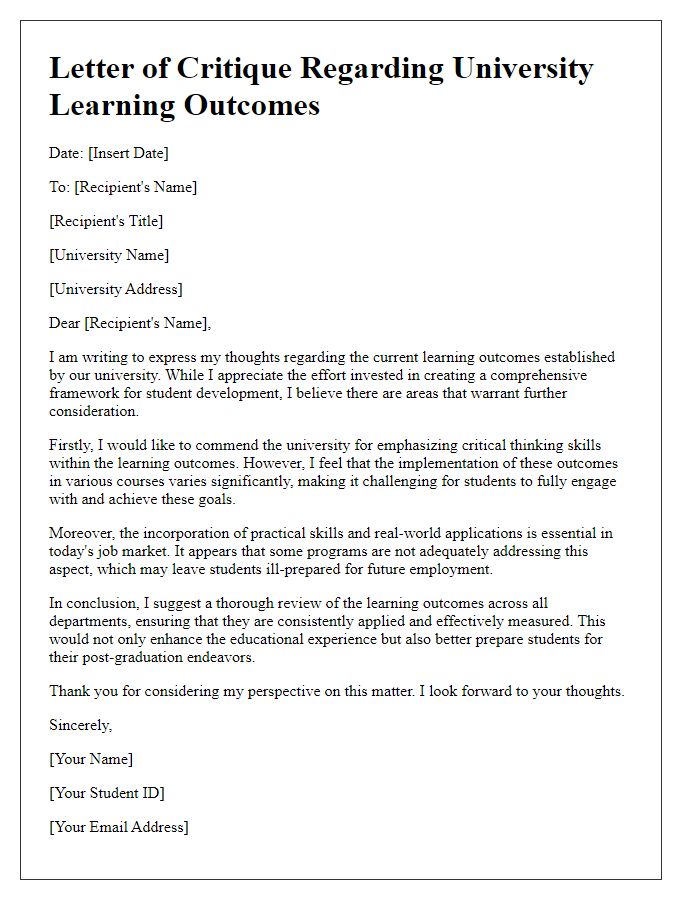 Letter template of critique regarding university learning outcomes.