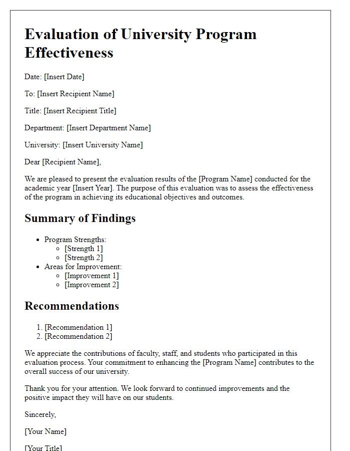 Letter template of evaluation for university program effectiveness.