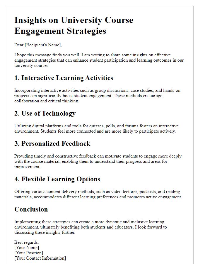 Letter template of insights for university course engagement strategies.