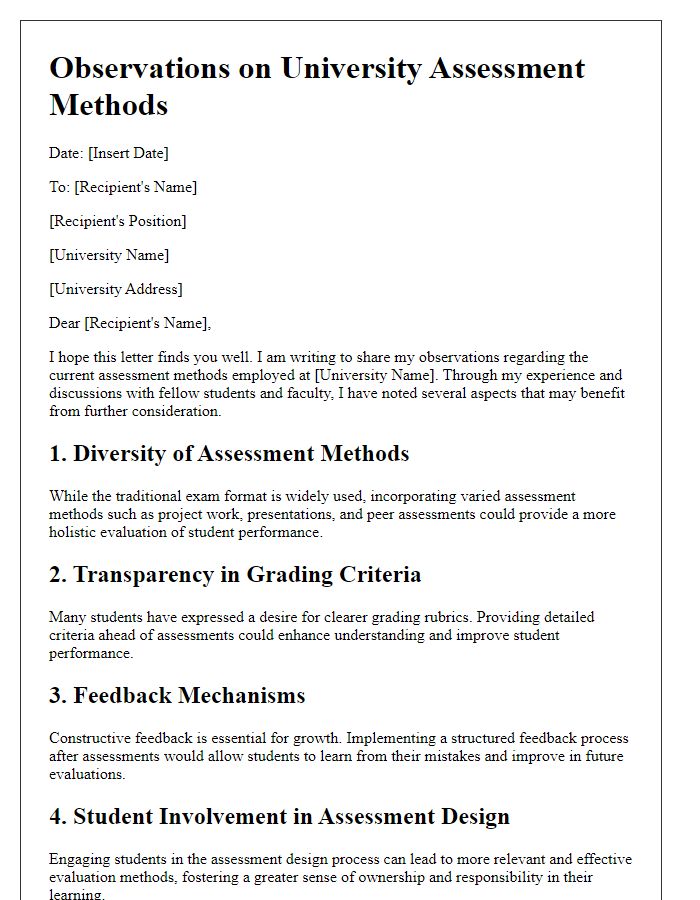 Letter template of observations on university assessment methods.