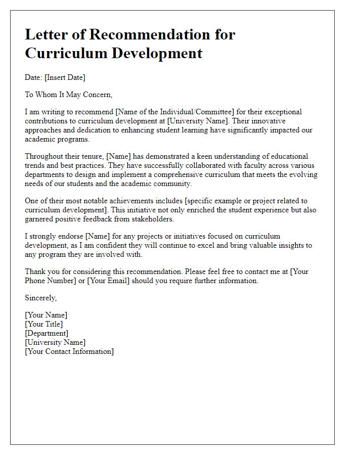 Letter template of recommendations for curriculum development at the university.