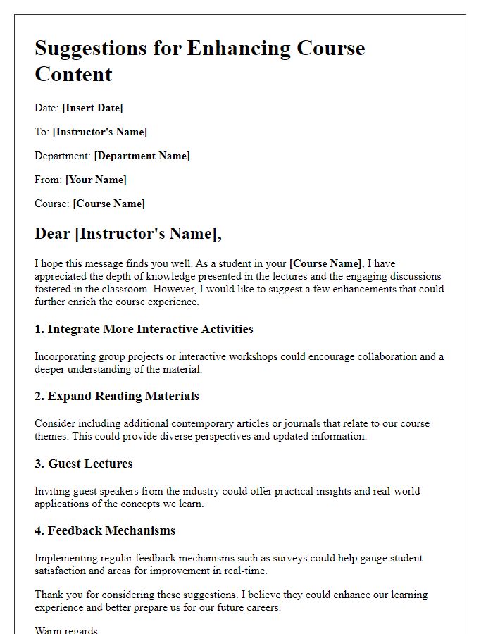 Letter template of suggestions for enhancing university course content.