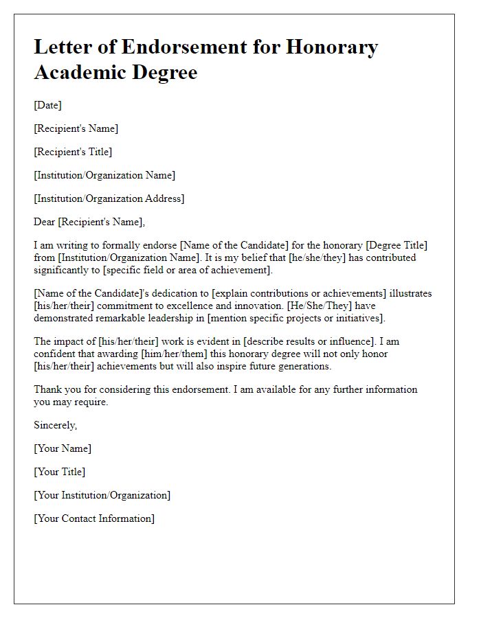 Letter template of endorsement for honorary academic degree