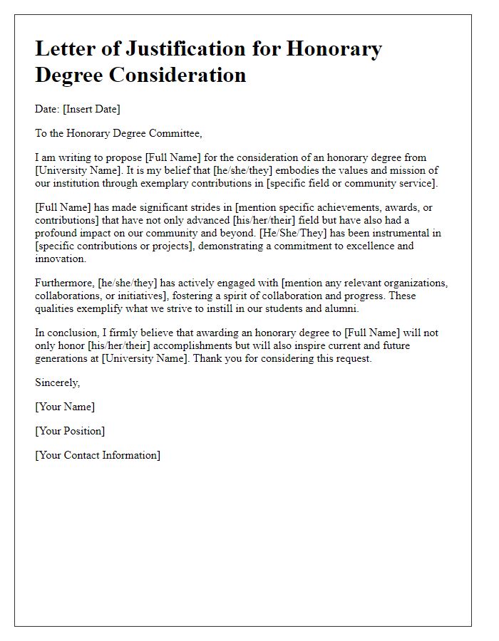 Letter template of justification for honorary degree consideration