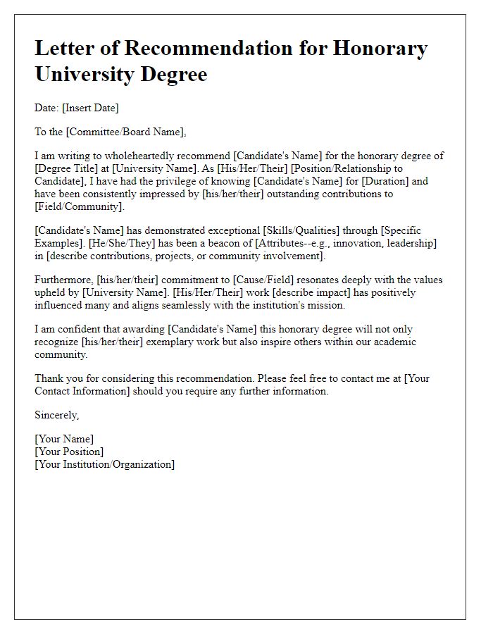 Letter template of recommendation for honorary university degree award