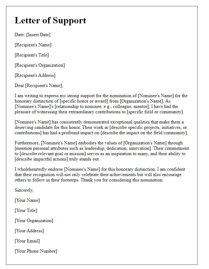 Letter template of support for honorary distinction nomination