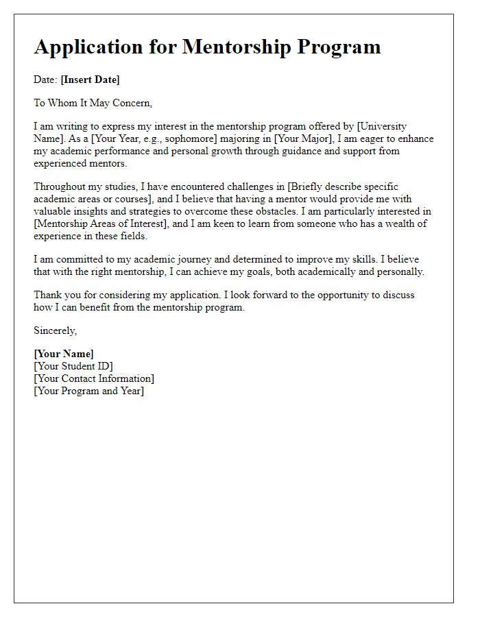 Letter template of university mentorship application for academic improvement support