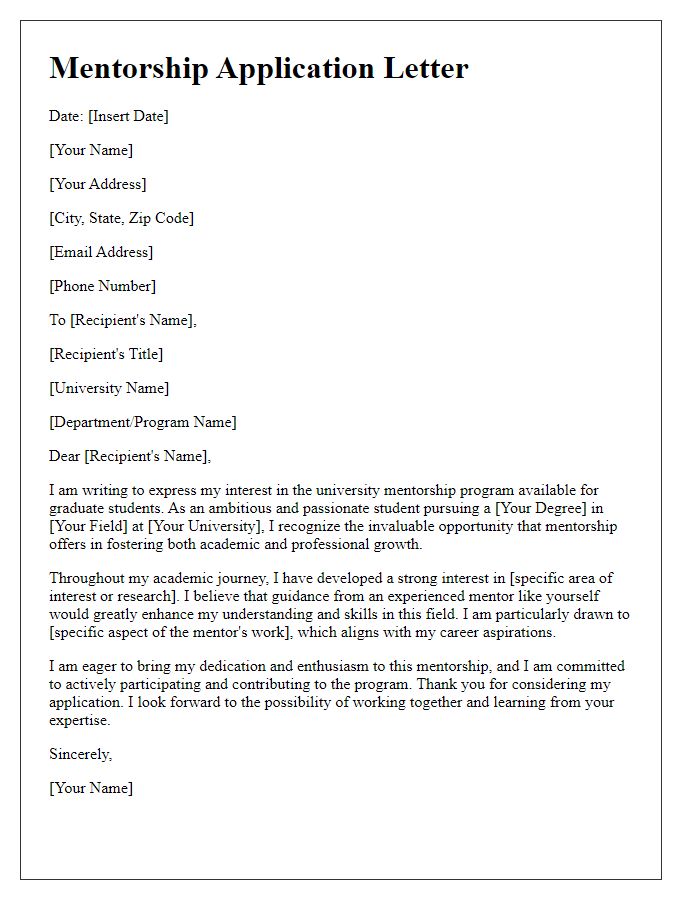 Letter template of university mentorship application for graduate students