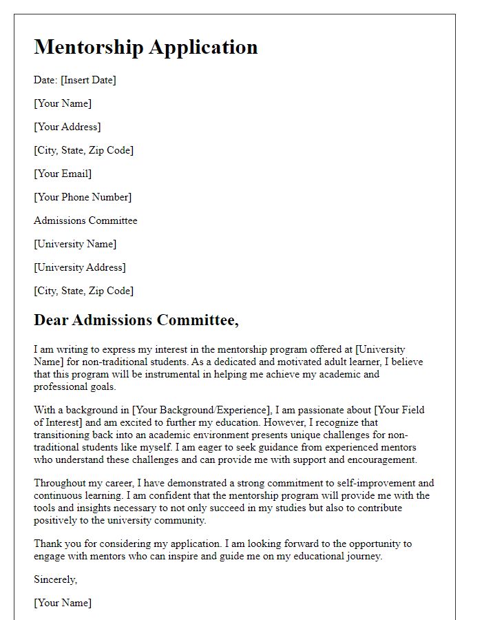 Letter template of university mentorship application for non-traditional students