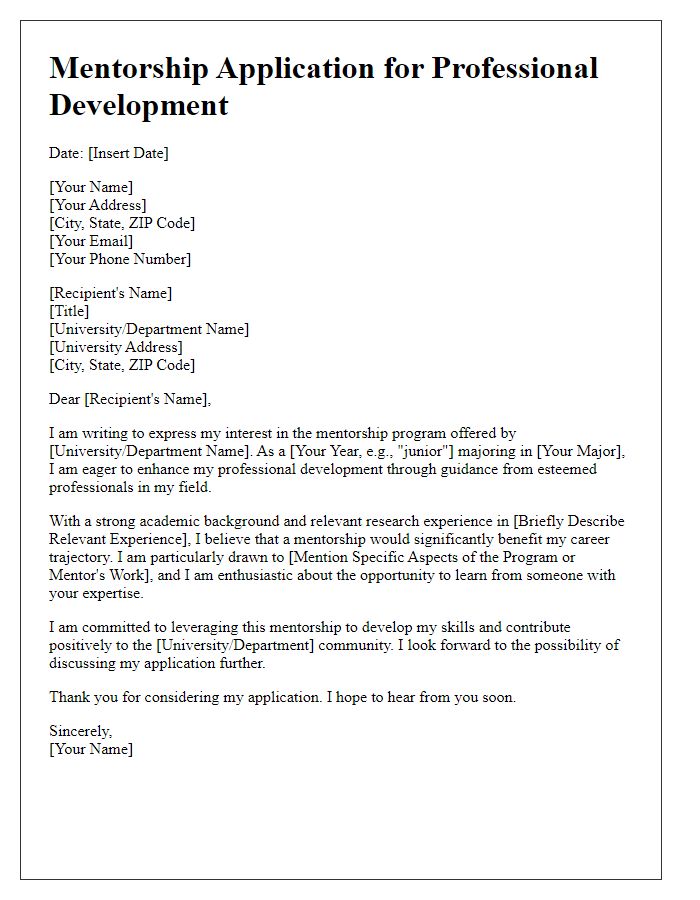 Letter template of university mentorship application for professional development