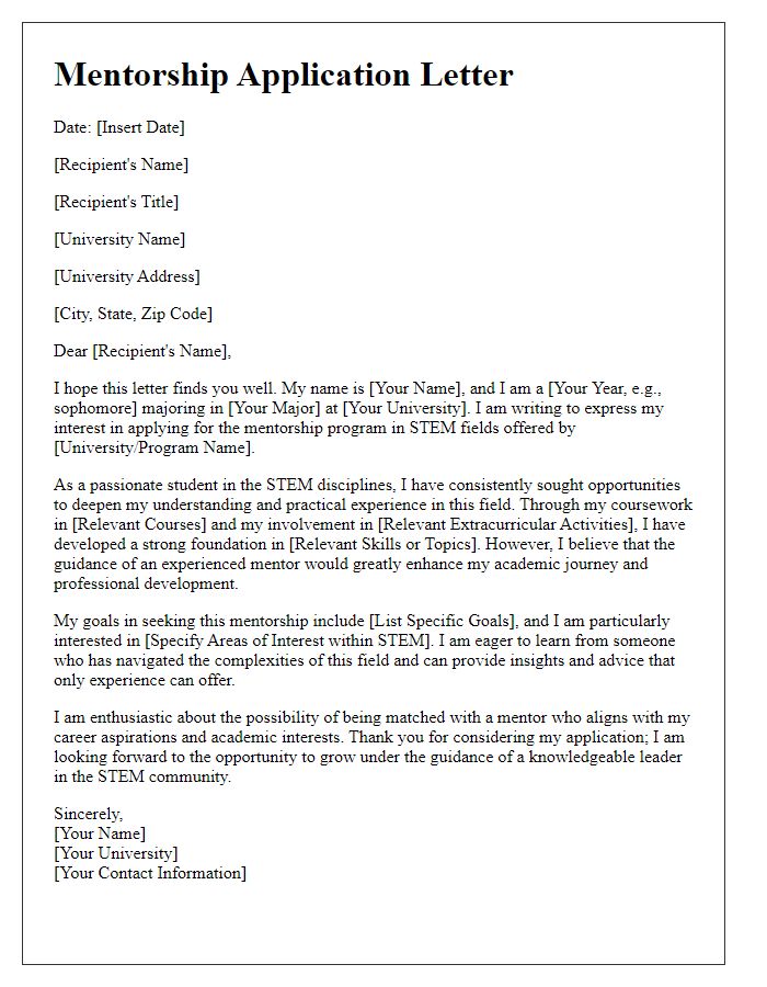 Letter template of university mentorship application for STEM fields