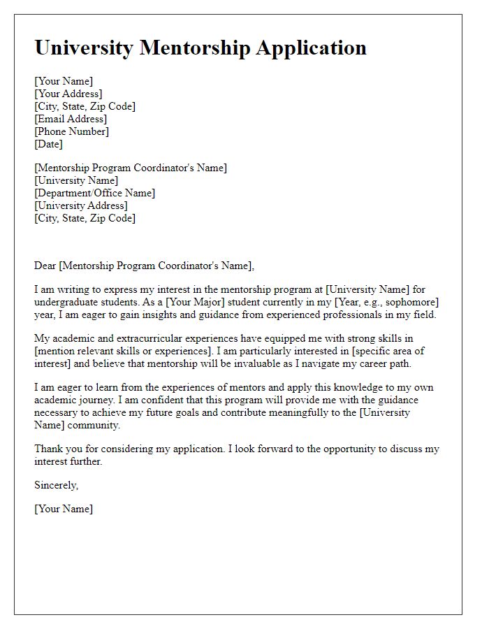 Letter template of university mentorship application for undergraduate students