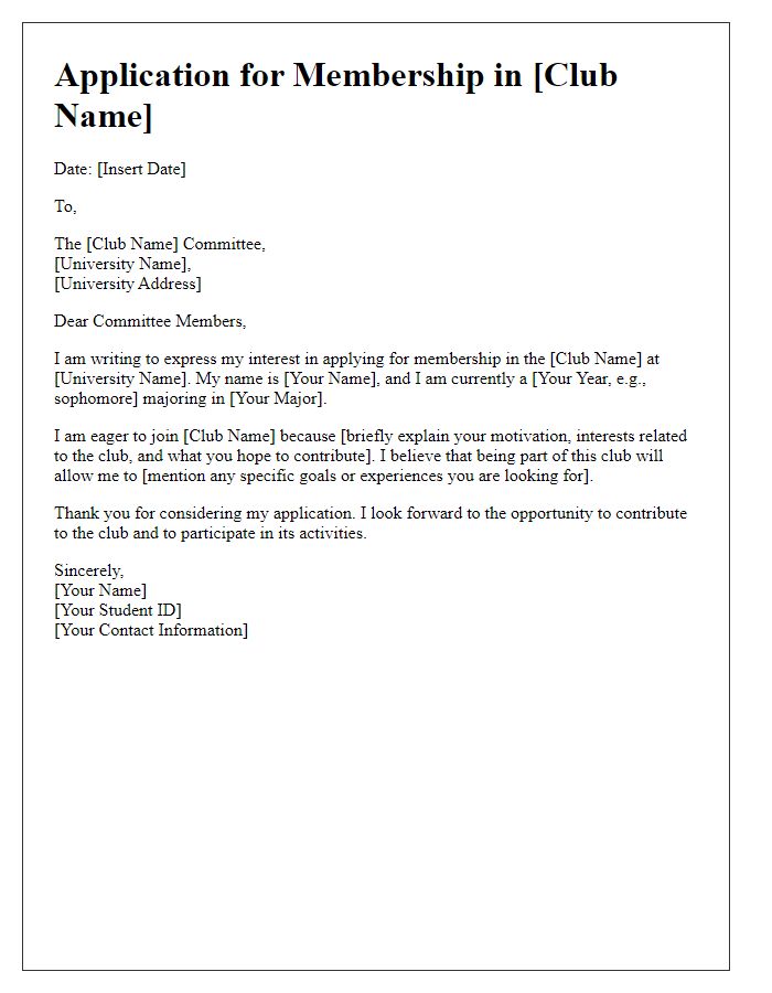 Letter template of application form for university club