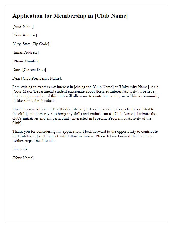 Letter template of application for joining a university club