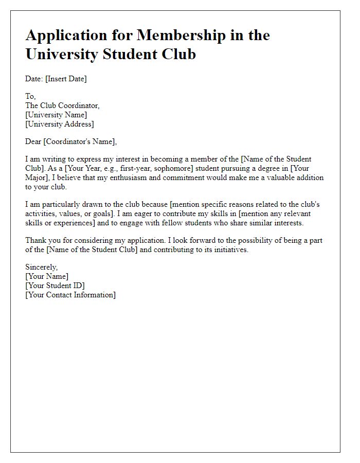 Letter template of application for university student club