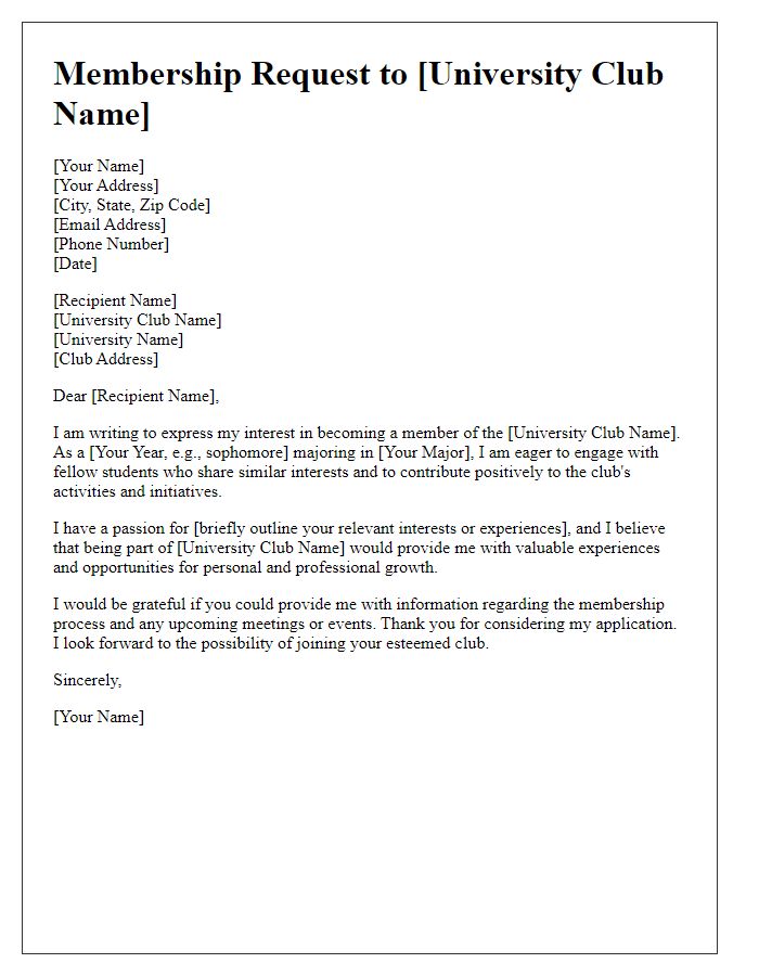 Letter template of request to become a member of university club