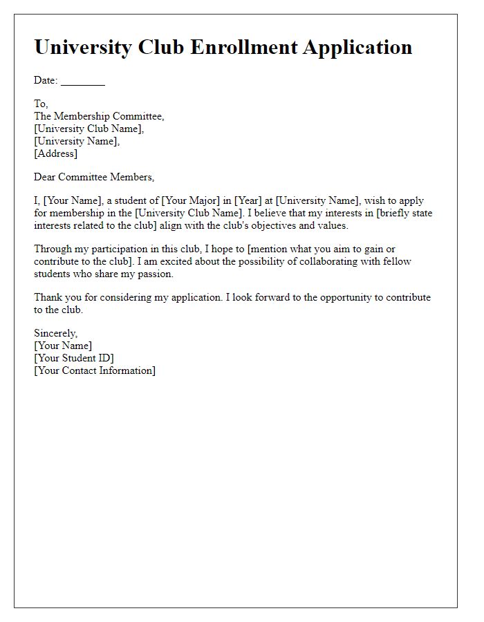 Letter template of university club enrollment application