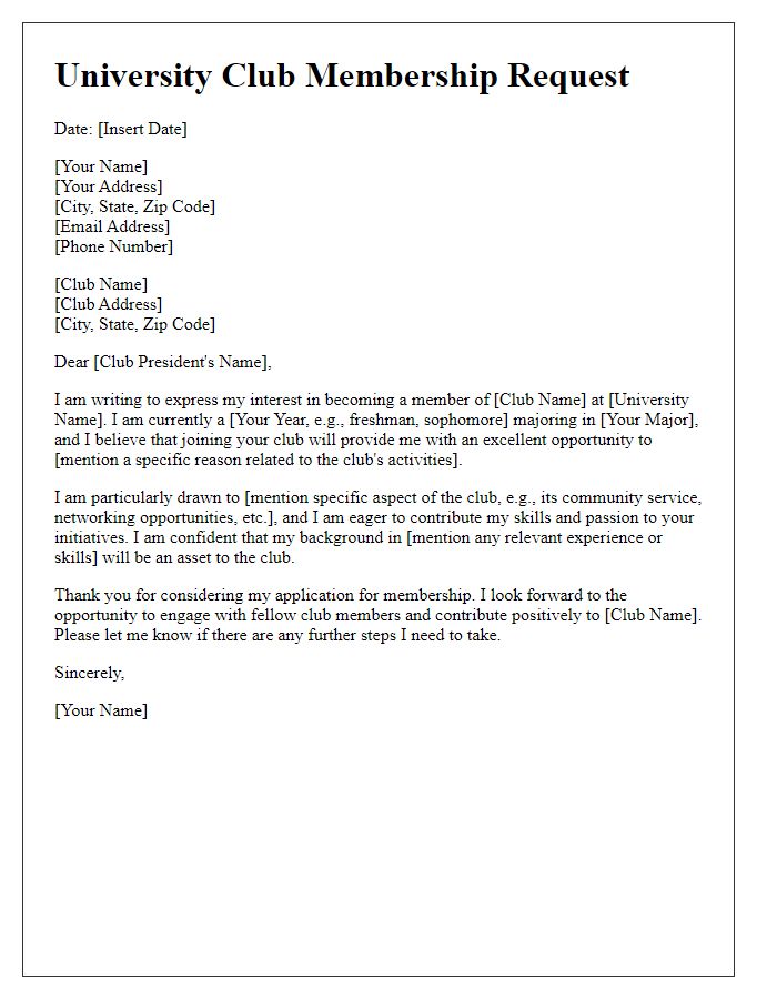 Letter template of university club membership request