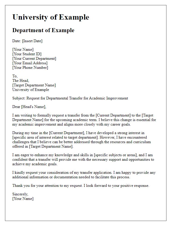 Letter template of university departmental transfer request for academic improvement.