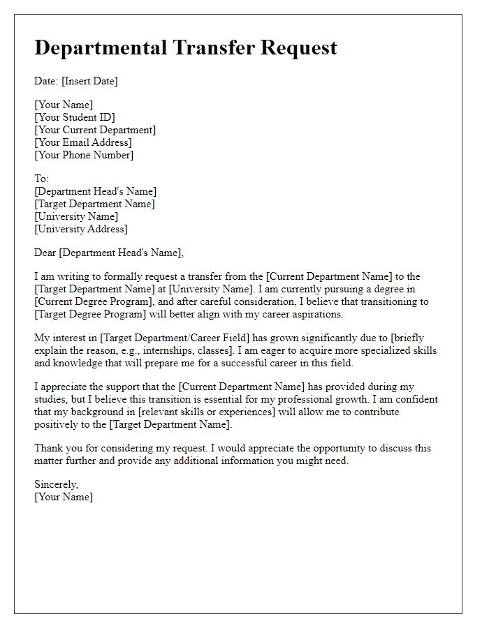 Letter template of university departmental transfer request for career alignment.