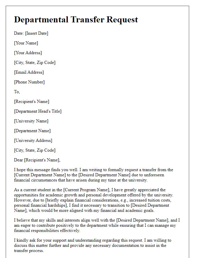 Letter template of university departmental transfer request for financial considerations.