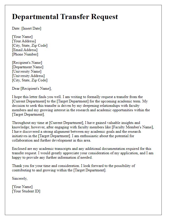 Letter template of university departmental transfer request for relationship with faculty.