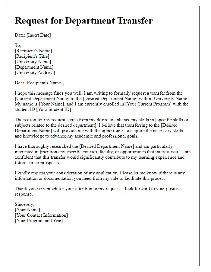 Letter template of university departmental transfer request for skill enhancement.