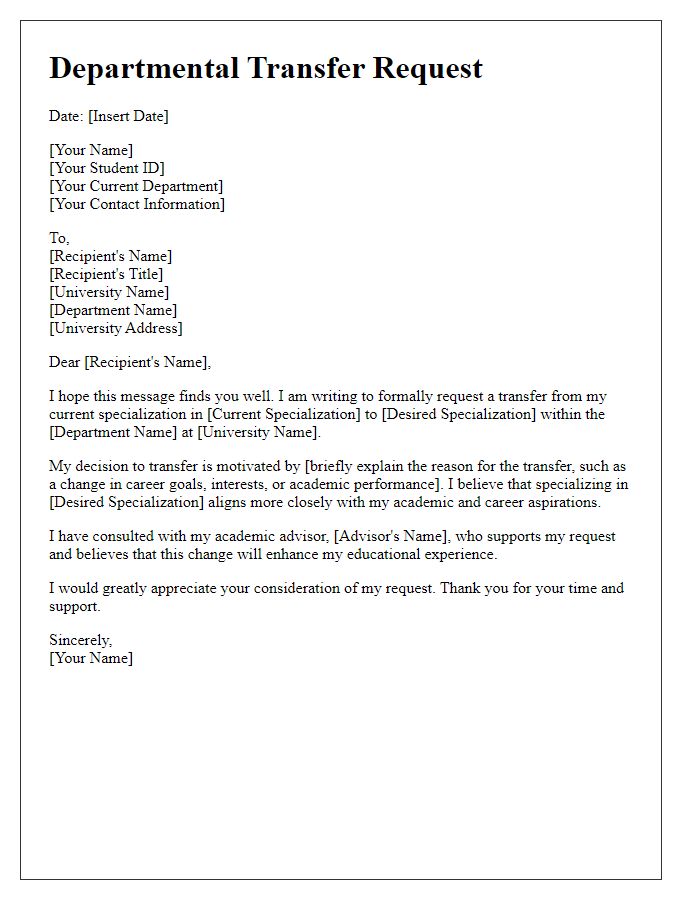 Letter template of university departmental transfer request for specialization change.