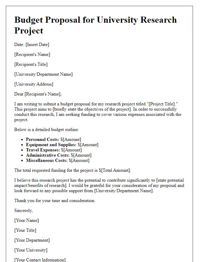 Letter template of budget proposal for university research project