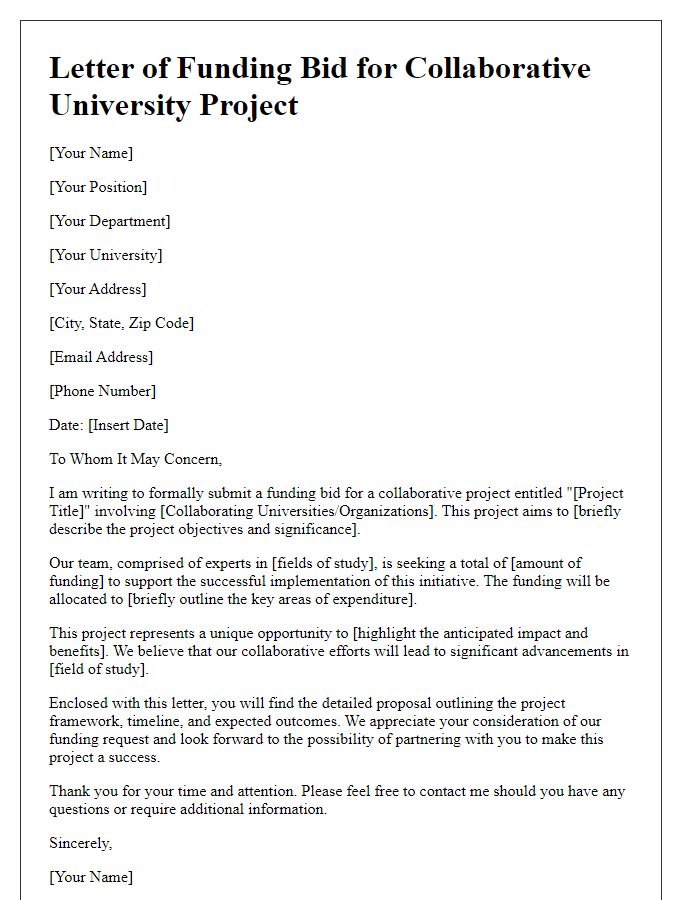 Letter template of funding bid for collaborative university project