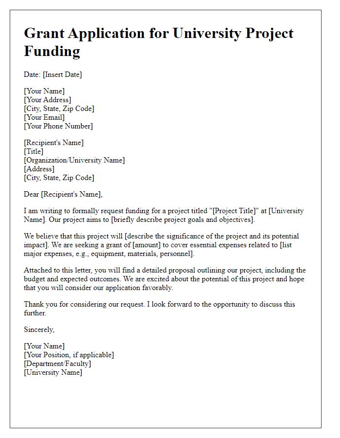 Letter template of grant application for university project funding