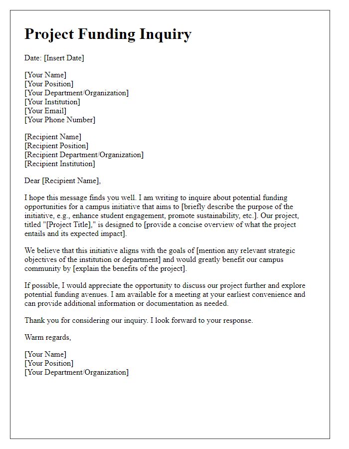 Letter template of project funding inquiry for campus initiative