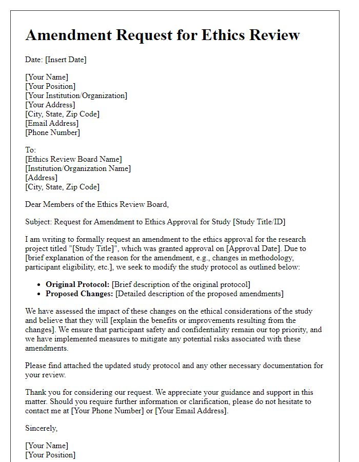 Letter template of amendment request for ethics review in a study.