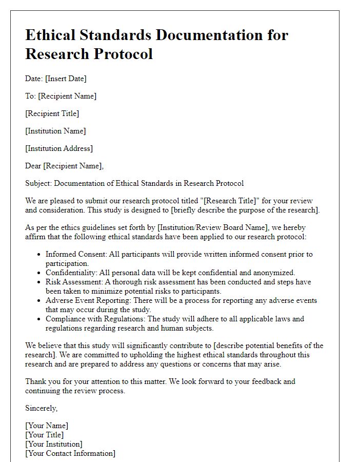 Letter template of documentation for ethical standards in research protocols.