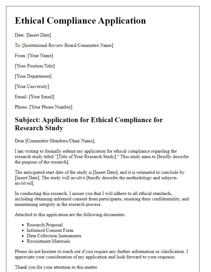 Letter template of ethical compliance application for university research.