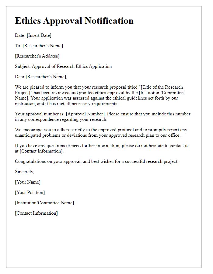 Letter template of ethics approval notification for academic research.