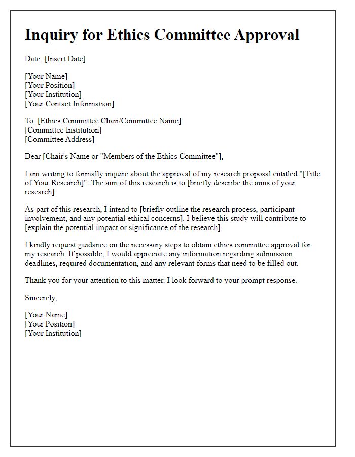 Letter template of inquiry for ethics committee approval in research.