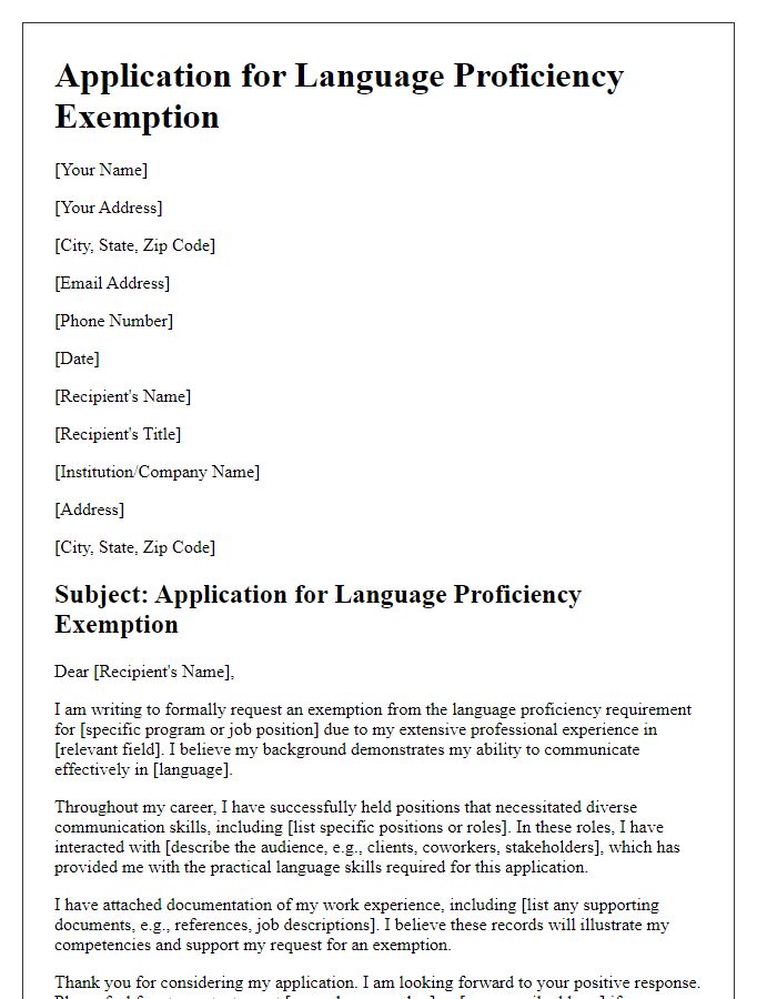 Letter template of application for language proficiency exemption due to work experience.