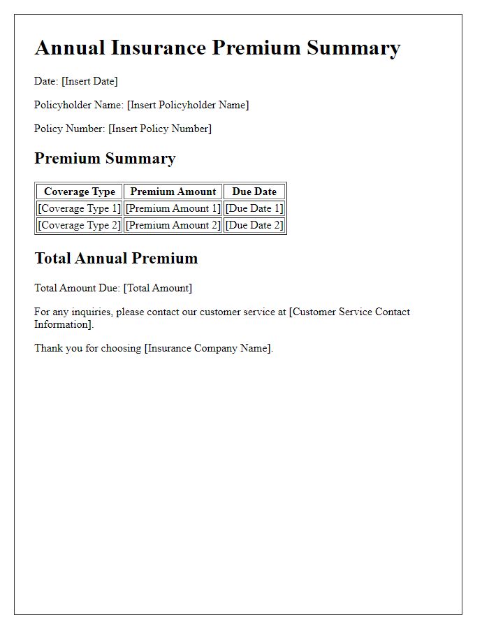 Letter template of annual insurance premium summary