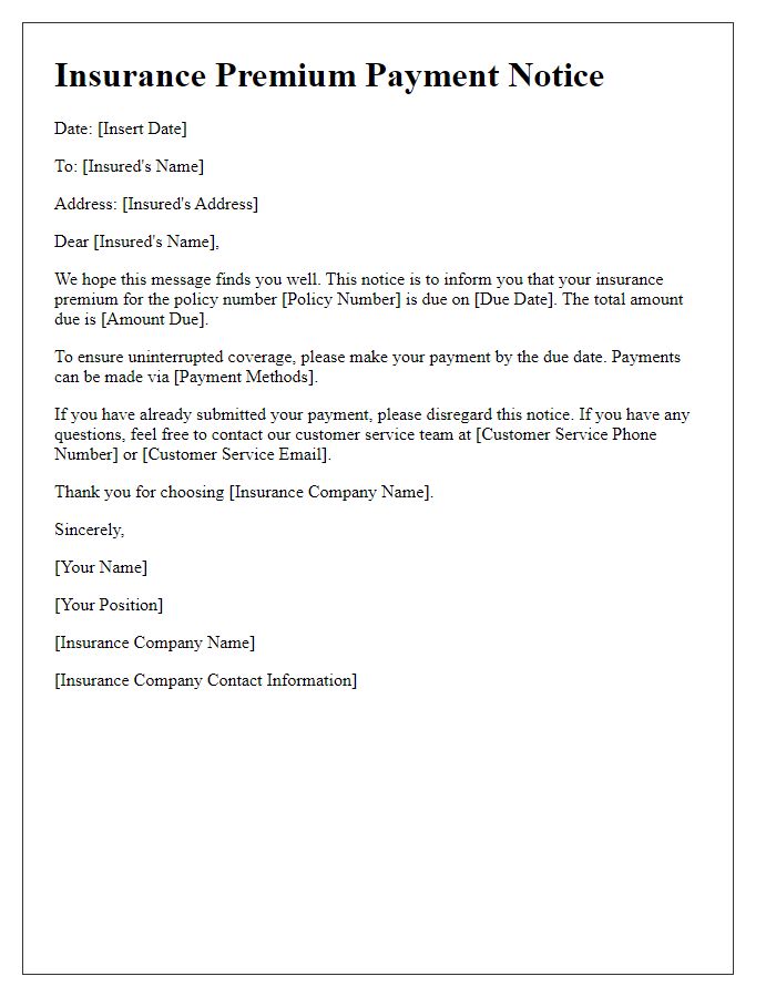 Letter template of insurance premium payment notice