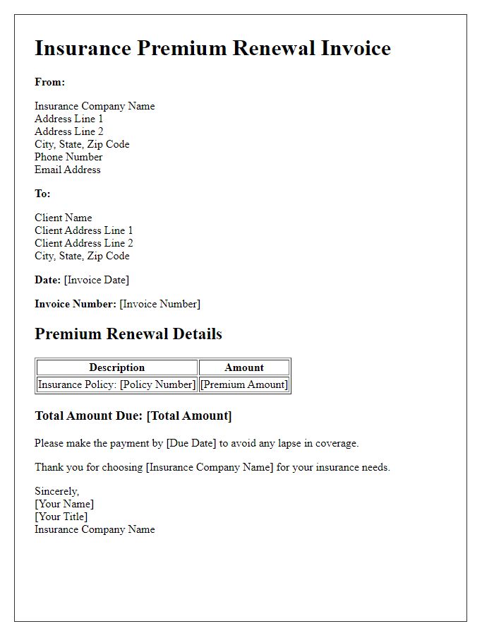 Letter template of insurance premium renewal invoice